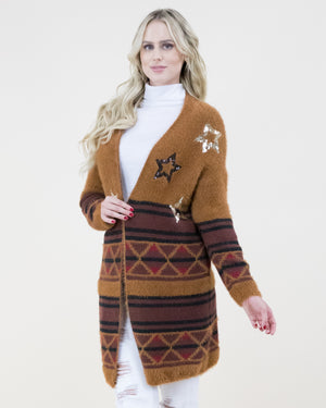 Rust Cardigan Sweater with Stars