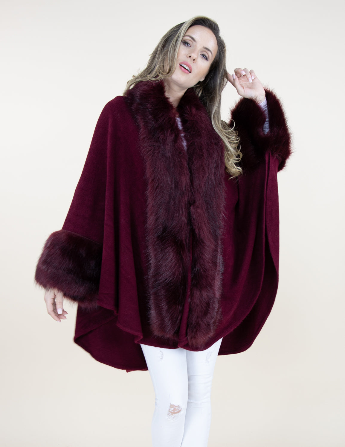 Burgundy Faux Fur Trimmed Coat