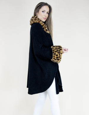 Black Leopard Faux Fur Neck and Sleeve Trimmed Coat