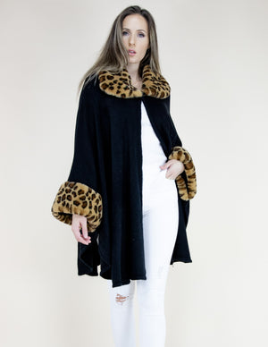 Black Leopard Faux Fur Neck and Sleeve Trimmed Coat