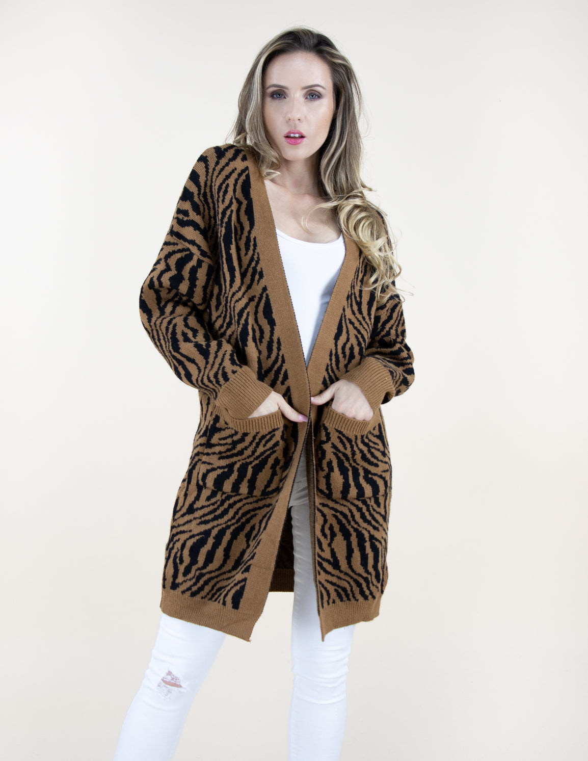 Camel Zebra Cardigan Sweater with Front Pockets SALE 40% OFF  NOW $41.97
