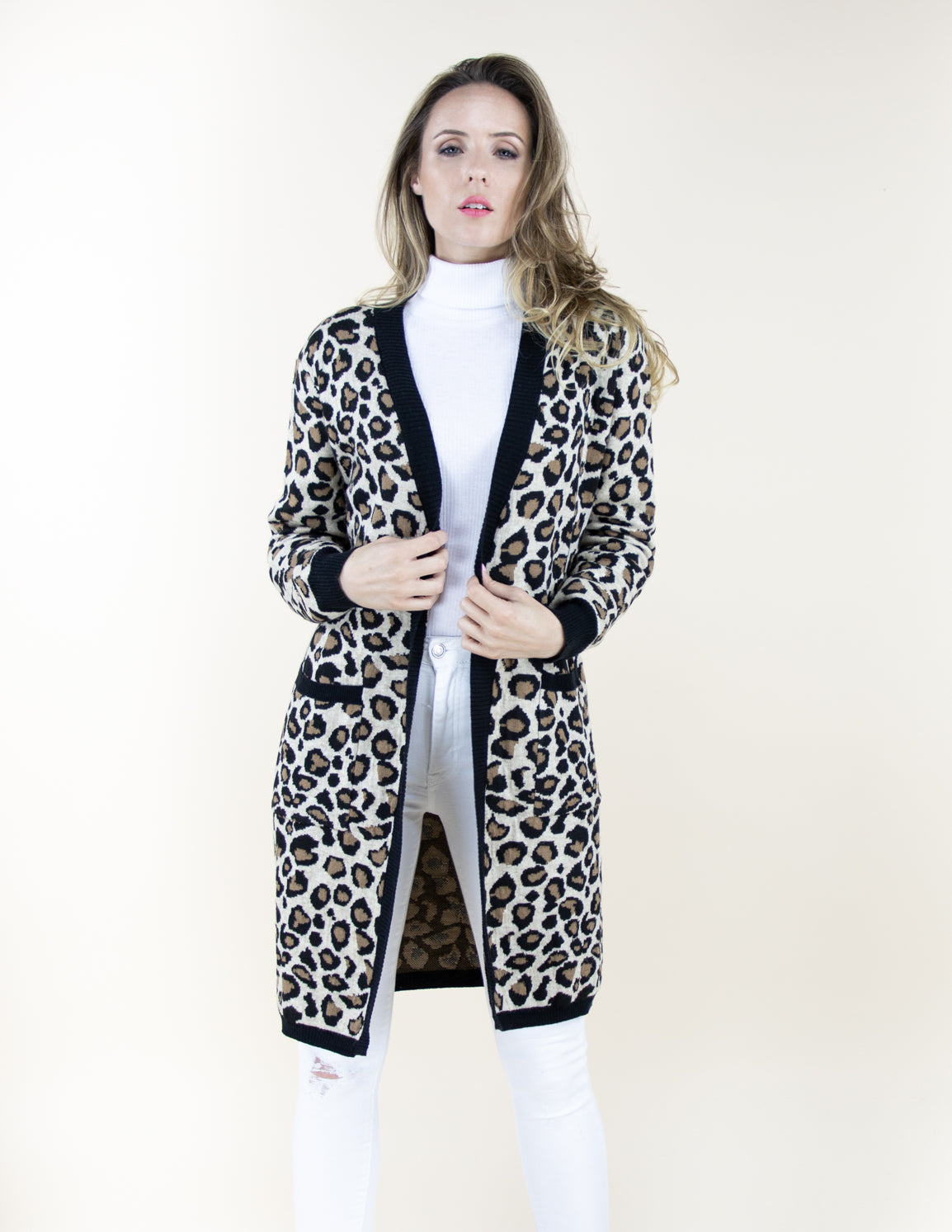 Leopard Print Long Cardigan Sweater with Front Pockets