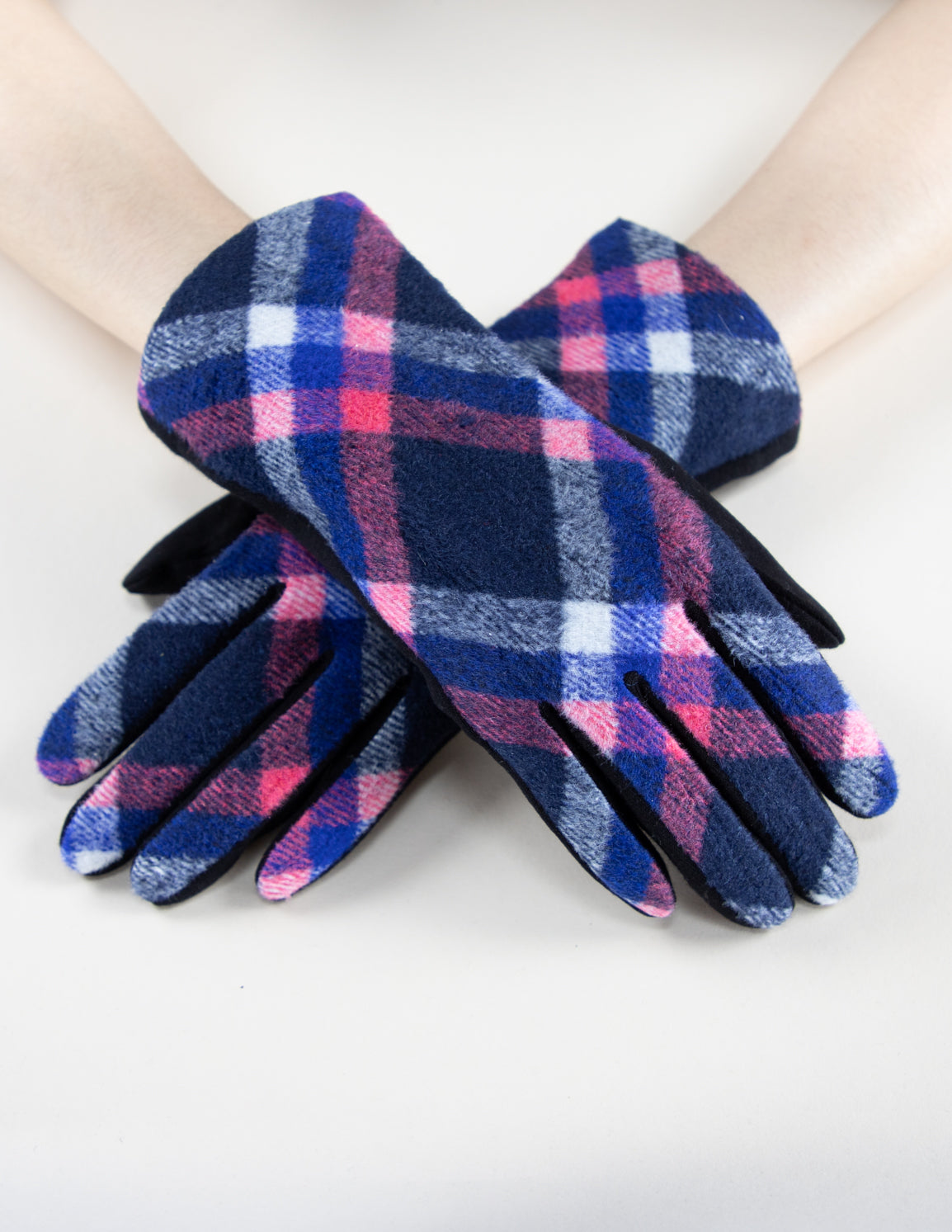 Diagonal Plaid Multi Color Blue Pink Gloves